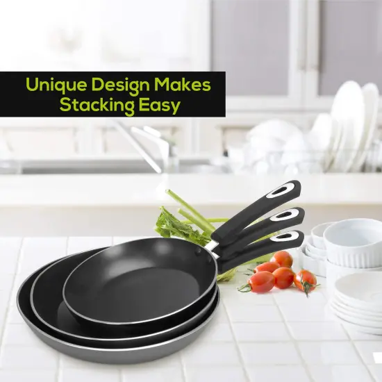 3 Piece Nonstick Frying Pan Set - Induction Bottom - 8 Inches, 9.5 Inches and 11 Inches (Grey-Black) {5}