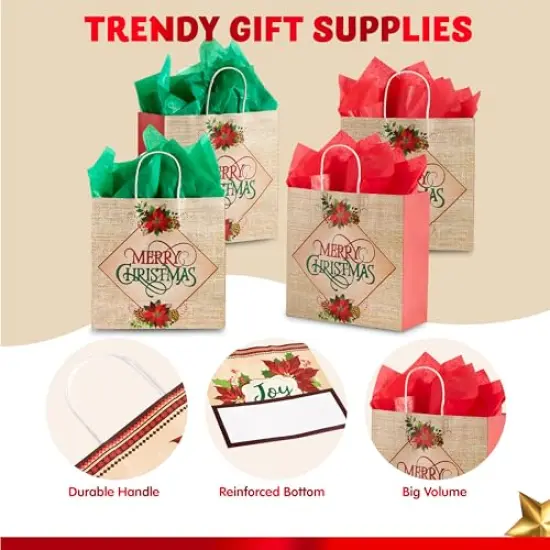 JOYIN 24 Pcs Christmas Kraft Paper Gift Bags with Twine Handles, 12 X 12 X 5'' Large Xmas Gift Bags with 12 Designs for Holiday Present Wrapping, Christmas Goodie Bags, Xmas Goody Bags Party Supplies {6}