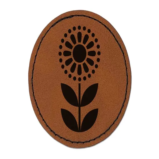 Scandinavian Sunflower Round Iron-On Engraved Faux Leather Patch Applique - 2.5" Brown {1}