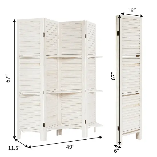4 Panel Folding Room Divider Screen with 3 Display Shelves White {4}