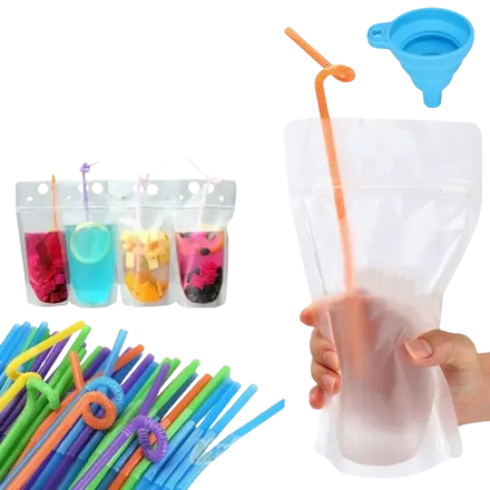 Kitcheniva 100 Pcs Drink Pouches Bags Stand-Up Zipper w/ Straws & Funnel for Cold & Hot Drinks {1}