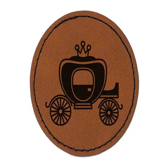 Princess Carriage Round Iron-On Engraved Faux Leather Patch Applique - 2.5" Brown {1}