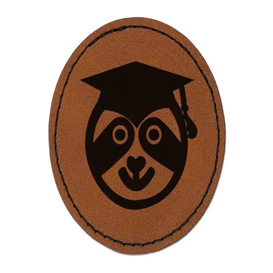 Graduation Sloth Round Iron-On Engraved Faux Leather Patch Applique - 2.5" Brown {1}