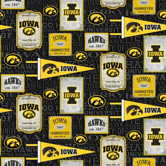 Sykel Enterprises-University of Iowa Cotton Fabric-Iowa Hawkeyes Vintage Pennant Cotton Quilting Fabric {1}