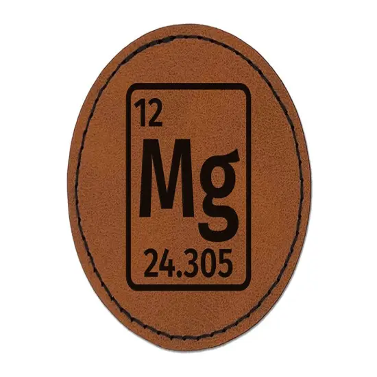 Magnesium Periodic Table of Elements Science Chemistry Round Iron-On Engraved Faux Leather Patch Applique - 2.5" Brown {1}