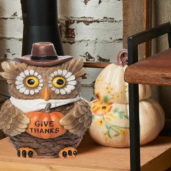 "Give Thanks" Owl Bird with Sunflower Eyes Pumpkin Small Thanksgiving Figure Figurine {5}