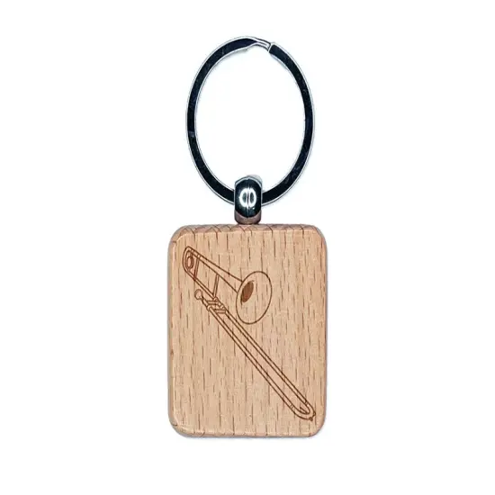 Tenor Trombone Brass Musical Instrument Engraved Wood Square Keychain Tag Charm {1}
