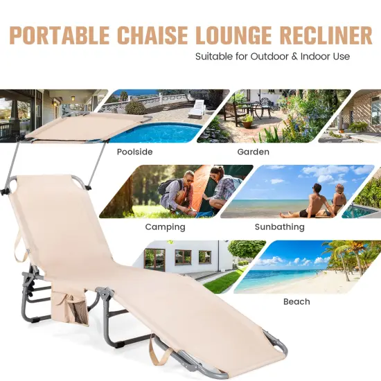 Adjustable Outdoor Beach Patio Pool Recliner with Sun Shade Beige {2}