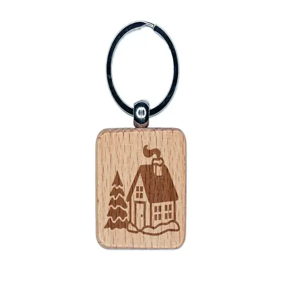 Christmas Winter House Engraved Wood Square Keychain Tag Charm {1}