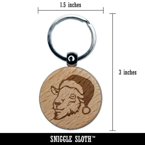Goat Head with Santa Hat Christmas Engraved Wood Round Keychain Tag Charm {2}