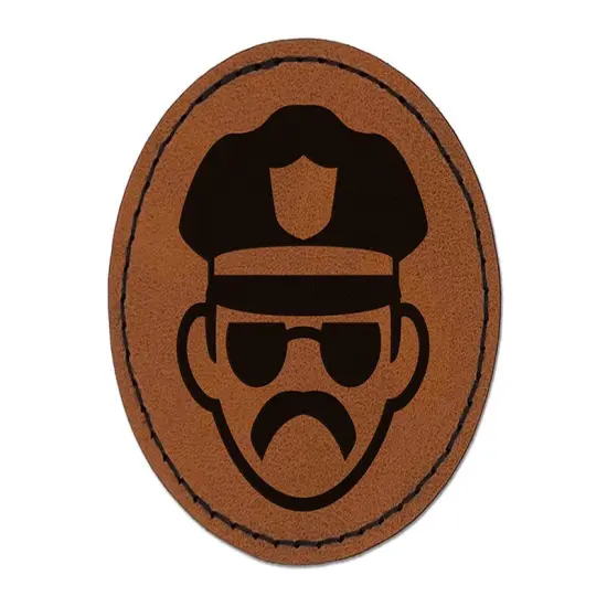 Occupation Police Officer Man Icon Round Iron-On Engraved Faux Leather Patch Applique - 2.5" Brown {1}