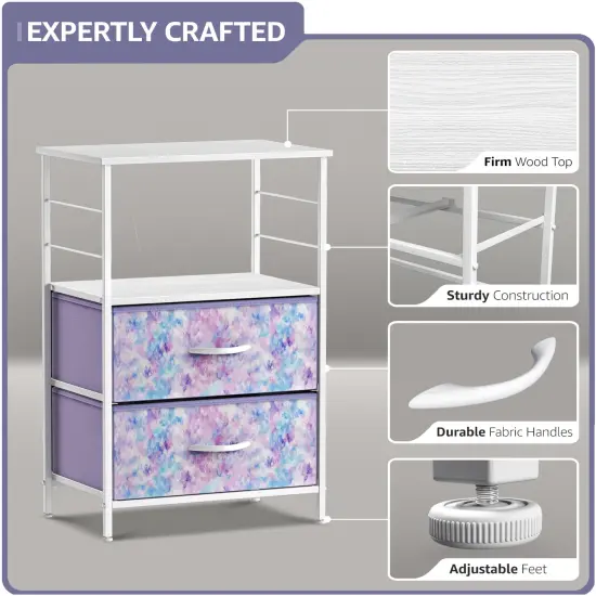 Sorbus Nightstand 2-Drawer Shelf Storage - Bedside Furniture & End Table Chest Dresser with Steel Frame, Wood Top & Easy Pull Fabric Bins for Home, Bedroom, Closets, Bathroom, Office & College Dorm Tie Dye Purple {2}