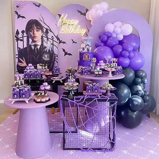 65 Pieces Purple Black Silver Latex Balloons, 12 Inches Metallic Silver Purple Confetti Balloons with 1 Ribbon for Halloween, Birthday, Graduation, Anniversary,Wednesday party decorations {4}