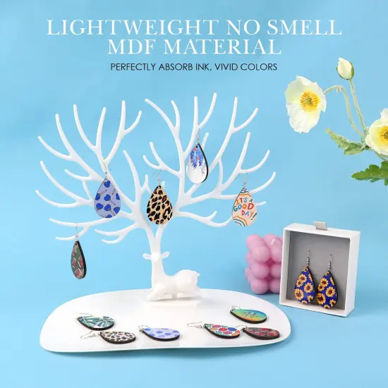 30 Pieces Sublimation Earring Blanks Bulk -Wood Earrings Blanks with Blue Protective Film - Unfinished MDF Teardrop Earrings for Sublimation Printing with Template, Weeder, Hooks, Jump Rings {6}