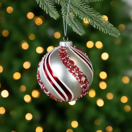 Northlight Peppermint Swirl Beaded Christmas Glass Ball Ornaments - 4" - White and Red - Set of 2 {3}