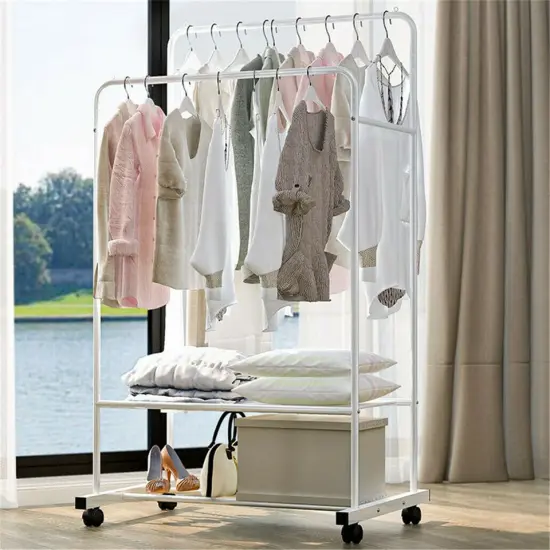 Large Clothes Rack Double Rail Rolling Stand Shoes Rack Storage. {3}