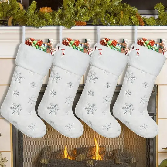 Set of 4 White Christmas Stockings 21" with Faux Furry Silver Large Snowflake {3}