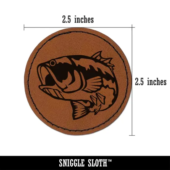 Largemouth Bass Fish Fishing Round Iron-On Engraved Faux Leather Patch Applique - 2.5" Brown {3}