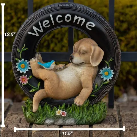 Welcome Puppy Dog Solar Powered LED Outdoor Decor Garden Light Outdoor Decor Garden Light Welcome Chillax Puppy Statues Outdoor Funny Figurine Decor for Outside Patio, Yard, Lawn {1}