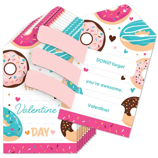 Big Dot of Happiness Donut Worry, Let's Party - Doughnut Cards for Kids - Happy Valentine's Day Pull Tabs - Set of 12 {1}