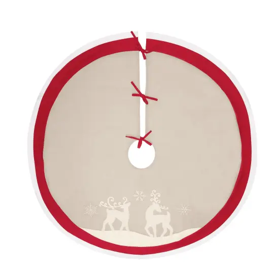 Nordic Christmas Deer on Beige Background with Snowflakes and Red Trim Cotton Christmas Tree Skirt 54.0-in. {1}