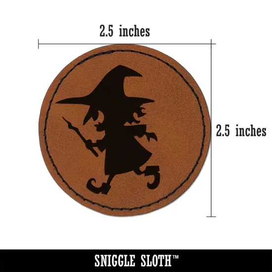 Mischievous Little Witch Wand Halloween Round Iron-On Engraved Faux Leather Patch Applique - 2.5" Brown {3}