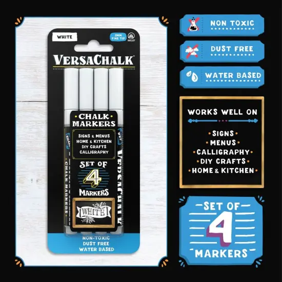 VersaChalk White Liquid Chalk Markers for Chalkboards, Set of 4 - 3mm Fine Tip {2}