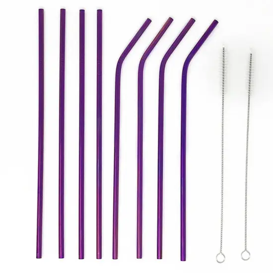 Kitcheniva 8PCS 10.5" Stainless Steel Ultra Long Metal Cocktail Straw And 2 Cleaner Brush Purple {1}