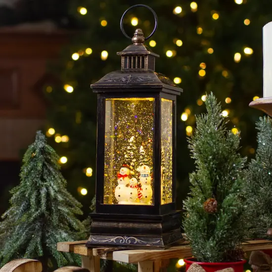 Northlight LED Snowman Family Brushed Christmas Lantern Snow Globe - 11" - Black and Gold {3}