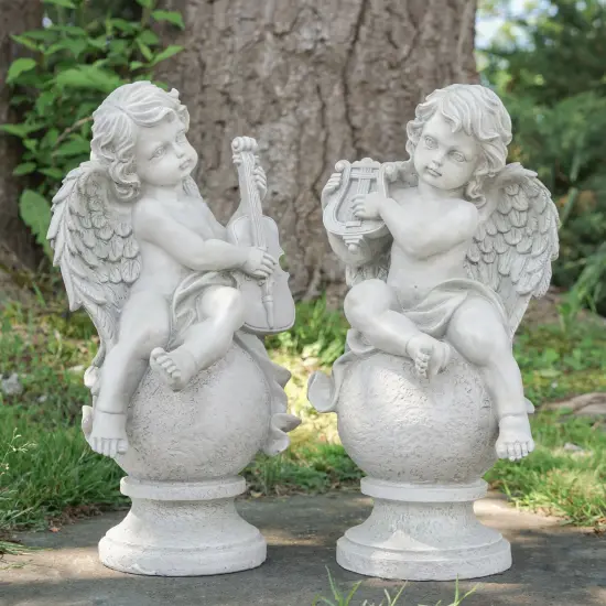 Northlight Set of 2 Cherub Angels with Violin and Harp on Finials Outdoor Garden Statues 15.25" Gray {3}