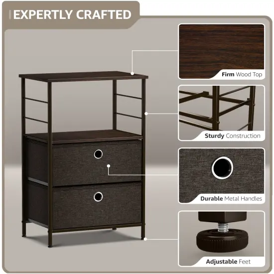 Sorbus Nightstand 2-Drawer Shelf Storage - Bedside Furniture & End Table Chest Dresser with Steel Frame, Wood Top & Easy Pull Fabric Bins for Home, Bedroom, Closets, Bathroom, Office & College Dorm Brown {3}