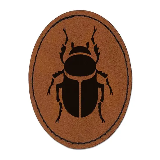 Scarab Beetle Insect Bug Round Iron-On Engraved Faux Leather Patch Applique - 2.5" Brown {1}
