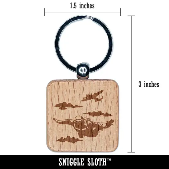 Sky Diving Diver Jumping Out of Plane Engraved Wood Square Keychain Tag Charm {2}