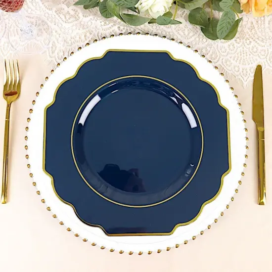 10 Pcs 12" Disposable Baroque Plastic Dinner Plates with Gold Rim Navy blue {1}