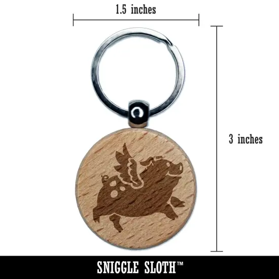 Flying Pig with Wings Engraved Wood Round Keychain Tag Charm {2}