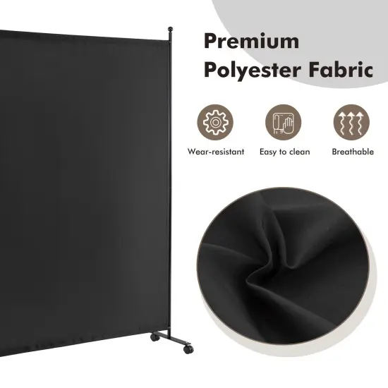 6 Feet Single Panel Rolling Room Divider with Smooth Wheels Black {6}