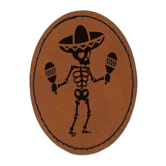 Day of Dead Skeleton with Sombrero and Maracas Round Iron-On Engraved Faux Leather Patch Applique - 2.5" Brown {1}