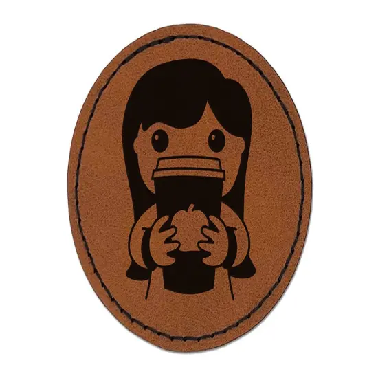 Pumpkin Latte Girl Fall Coffee Round Iron-On Engraved Faux Leather Patch Applique - 2.5" Brown {1}