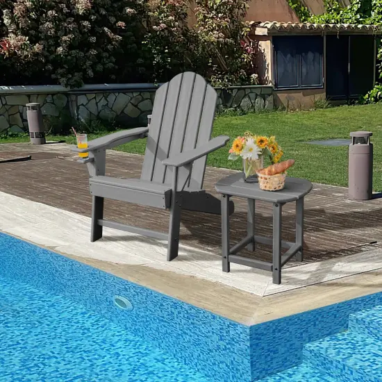 Outdoor Adirondack Chair with Built-in Cup Holder for Backyard and Porch Grey {2}