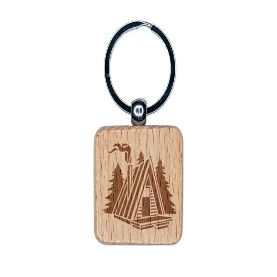A-Frame Log Cabin House in Woods Engraved Wood Square Keychain Tag Charm {1}