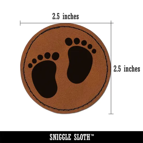 Baby Footprints Round Iron-On Engraved Faux Leather Patch Applique - 2.5" Brown {3}