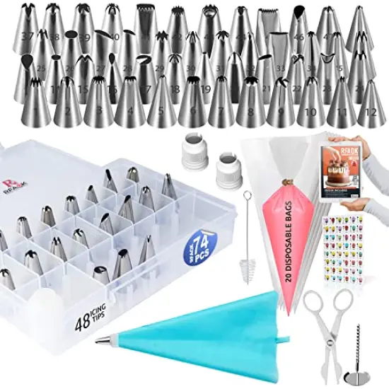 74 PCs Icing Piping Bags and Tips Set, Cake Decorating Kit with 48-Numbered Piping Tips, 20+1 Pastry Bags for Cookie Cupcake Cake Decoration, Cake Decorating Tips Set with Booklet and E-book {1}