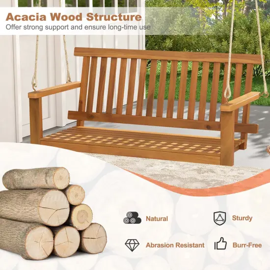 Costway 2-Seat Porch Swing Bench Acacia Wood Chair with 2 Hanging Hemp Ropes for Backyard {6}