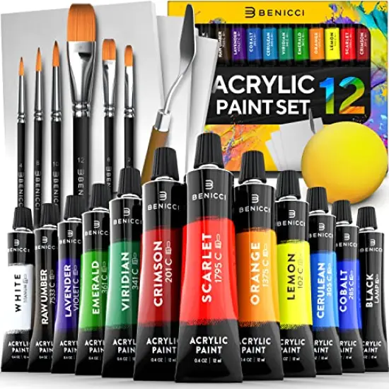 Acrylic Paint Set for Kids, Artists and Adults - 12 Vibrant Colors, 6 Brushes and 3 Paint Canvases - Perfect for Beginners or Professionals {1}