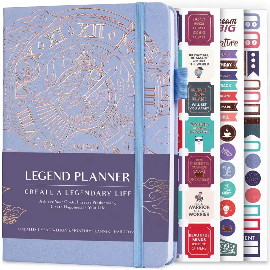 Deluxe Weekly & Monthly Life Planner to Hit Your Goals & Live Happier. Organizer Notebook & Productivity Journal. A5 Hardcover, Undated – Start Any Time + Stickers – Periwinkle Gold {2}
