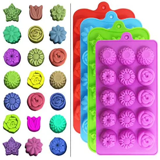 4 Pieces Flower Shape Chocolate Candy Molds Set,DanziX Silicone 15 Cavity Baking Mold Ice Cube Tray for Wedding,Festival,Parties and DIY Crafts-Green,Blue,Red and Purple {1}