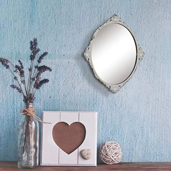11.7" x 10" Oval Antique White Metal Accent Wall Mirror with Attached Hanger, Country Rustic Decor for the Living Room, Bedroom, Bathroom, Hallway, and Entryway {4}