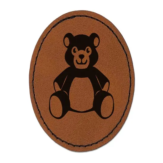Teddy Bear Stuffed Animal Toy Round Iron-On Engraved Faux Leather Patch Applique - 2.5" Brown {1}