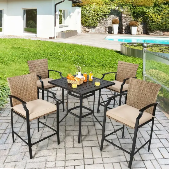 Patio Rattan Bar Stools Set of 4 with Soft Cushions {1}