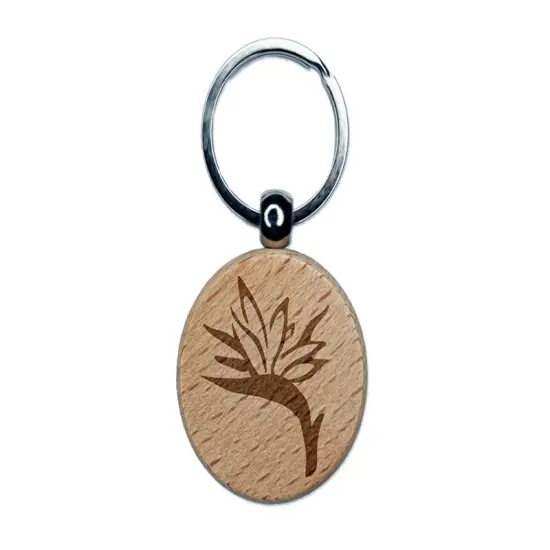 Bird of Paradise Tropical Flower Flora Engraved Wood Round Keychain Tag Charm {1}